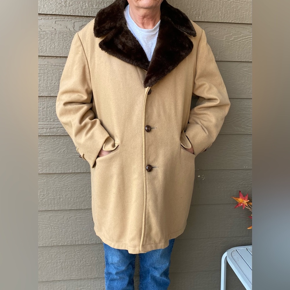 Vintage Lakeland Mens 48 Long Jacket Pea Coat Tan Heavy Wool Sherpa Lined 70s